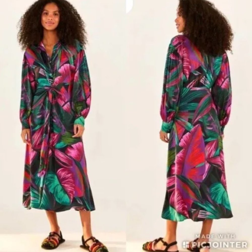 Farm Rio Midnight Leaves Viscose Midi Dress